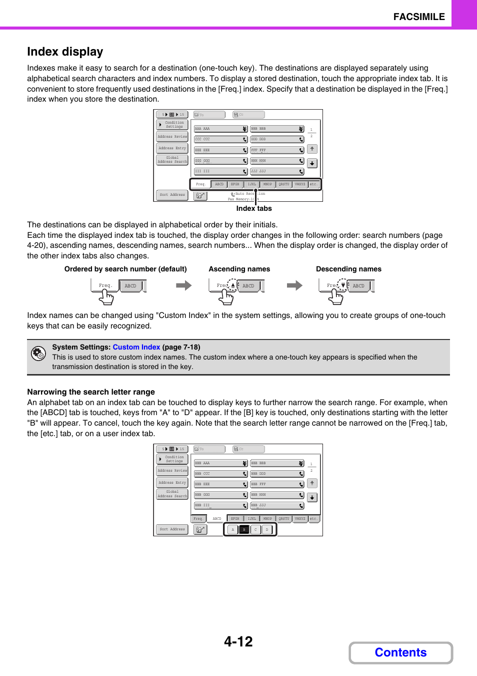 Contents index display, Facsimile, Index tabs | Sharp MX-C401 User Manual | Page 430 / 849