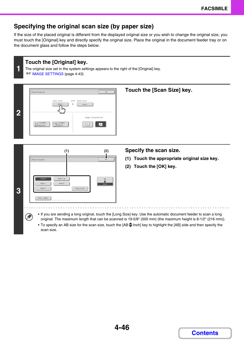 Specifying the original scan size (by paper size), Touch the [original] key, Touch the [scan size] key | Specify the scan size, Facsimile | Sharp MX-C401 User Manual | Page 464 / 849