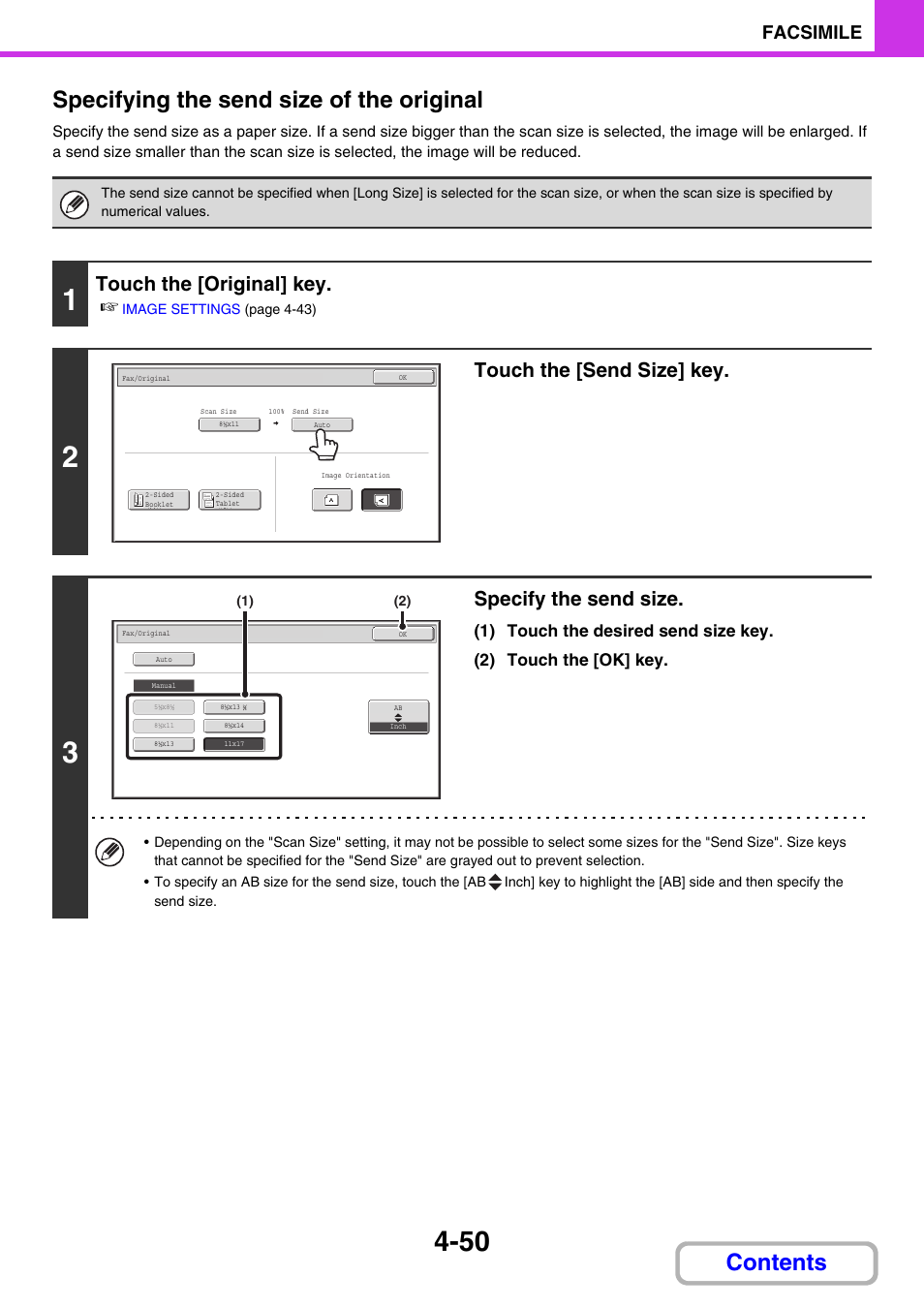 Contents specifying the send size of the original, Touch the [original] key, Touch the [send size] key | Specify the send size, Facsimile | Sharp MX-C401 User Manual | Page 468 / 849