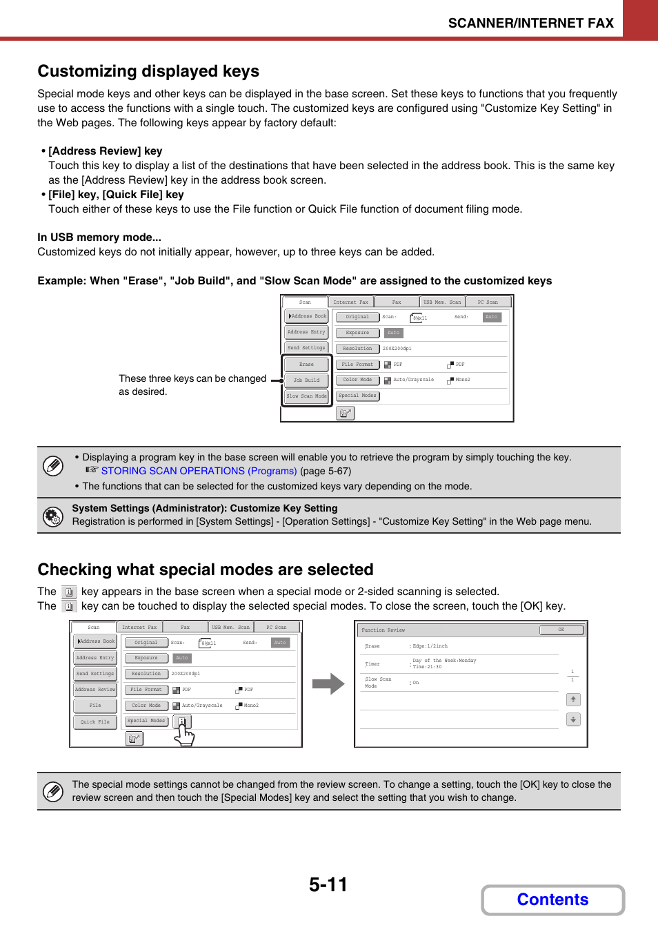 Customizing displayed keys, Checking what special modes are selected, Contents customizing displayed keys | Scanner/internet fax, These three keys can be changed as desired | Sharp MX-C401 User Manual | Page 549 / 849