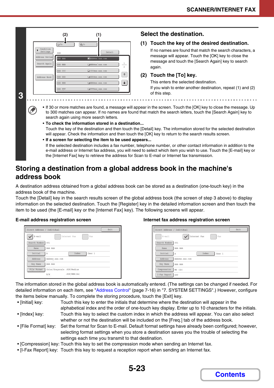 Select the destination, Scanner/internet fax, 1) touch the key of the desired destination | 2) touch the [to] key | Sharp MX-C401 User Manual | Page 561 / 849