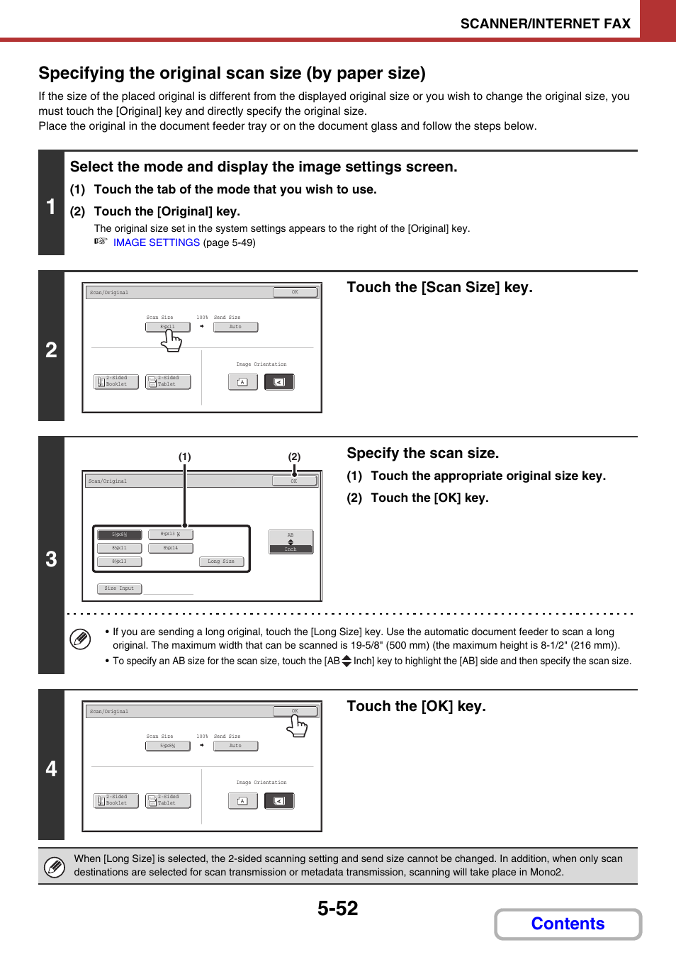 Specifying the original scan size (by paper size), E 5-52), Touch the [scan size] key | Specify the scan size, Touch the [ok] key, Scanner/internet fax | Sharp MX-C401 User Manual | Page 590 / 849