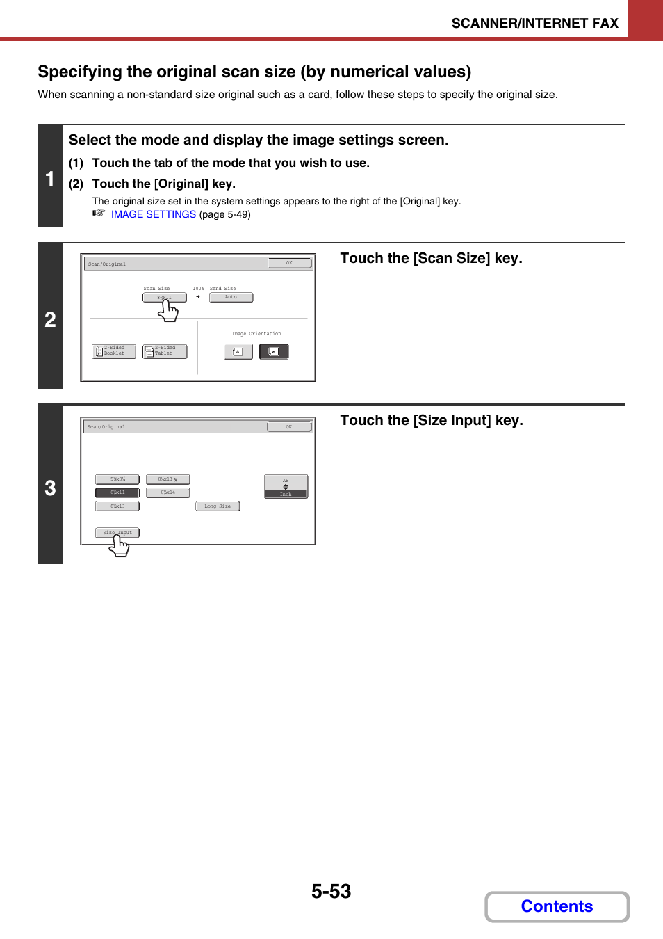 Touch the [scan size] key, Touch the [size input] key, Scanner/internet fax | Sharp MX-C401 User Manual | Page 591 / 849