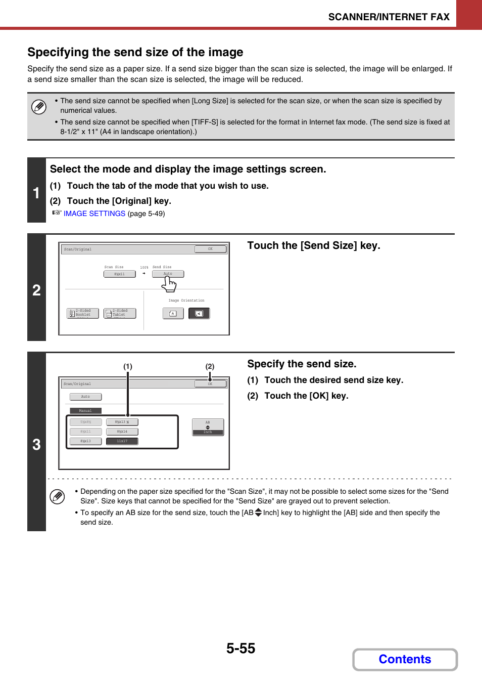 Contents specifying the send size of the image, Touch the [send size] key, Specify the send size | Scanner/internet fax | Sharp MX-C401 User Manual | Page 593 / 849