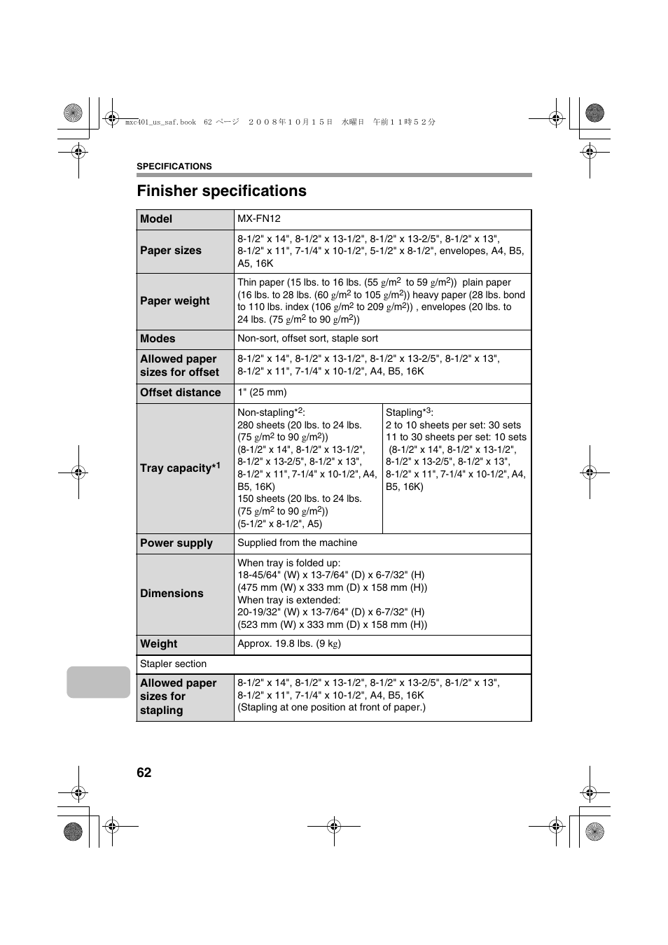 Finisher specifications | Sharp MX-C401 User Manual | Page 65 / 849