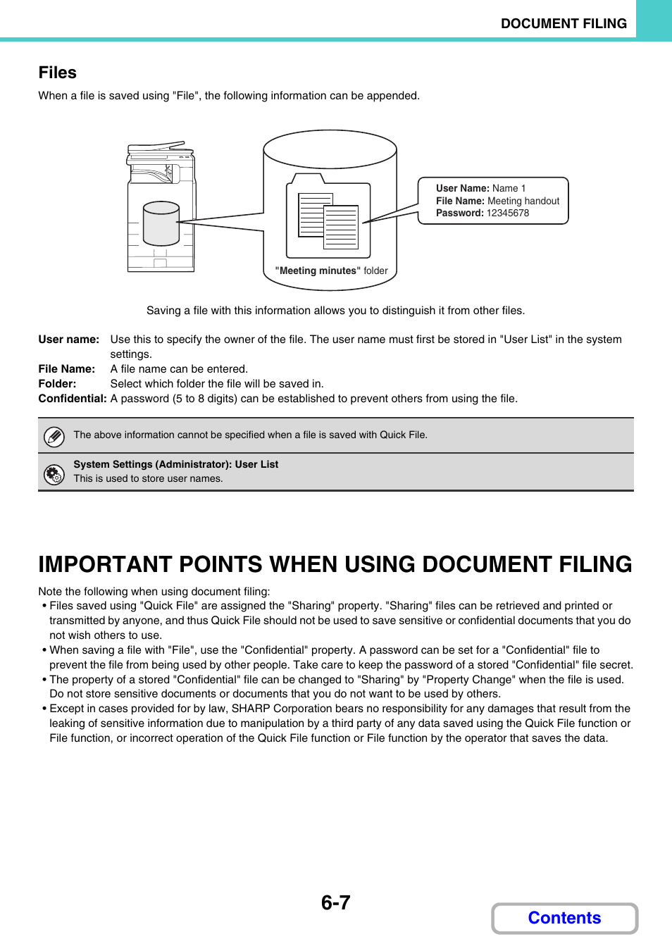 Important points when using, Document filing -7, Important points when using document filing | Contents files | Sharp MX-C401 User Manual | Page 656 / 849