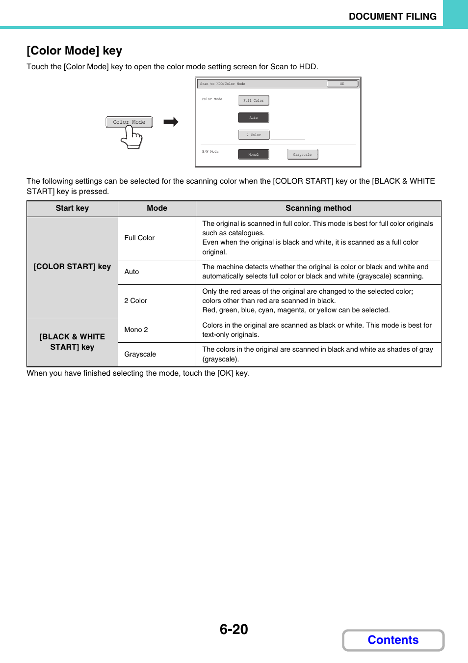 Color mode] key, Ge 6-20), Contents [color mode] key | Document filing | Sharp MX-C401 User Manual | Page 669 / 849