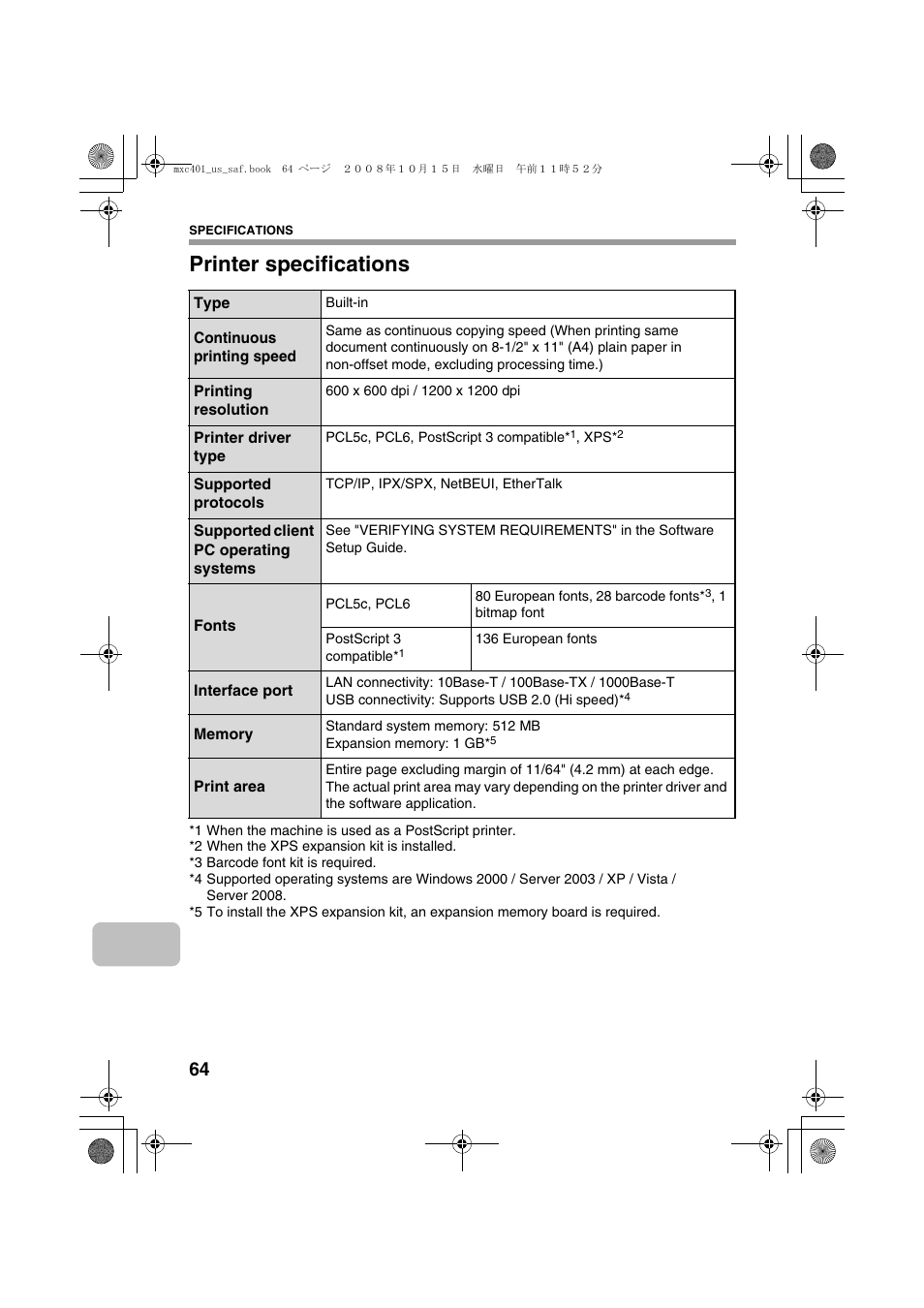 Printer specifications | Sharp MX-C401 User Manual | Page 67 / 849