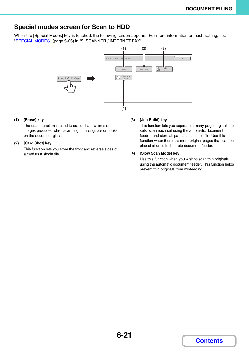 Special modes screen for scan to hdd, Contents special modes screen for scan to hdd, Document filing | Sharp MX-C401 User Manual | Page 670 / 849