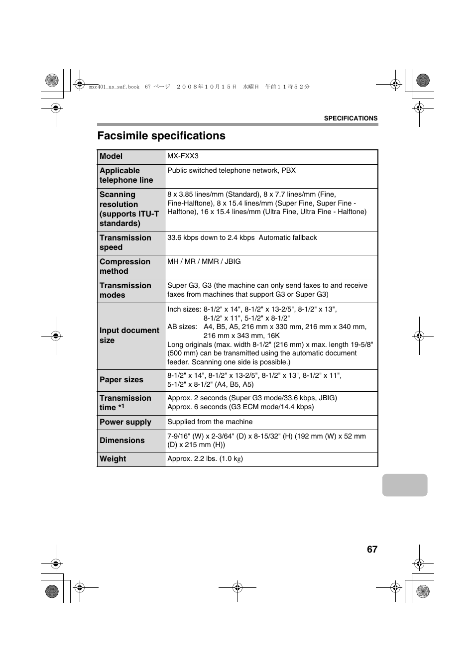 Facsimile specifications | Sharp MX-C401 User Manual | Page 70 / 849