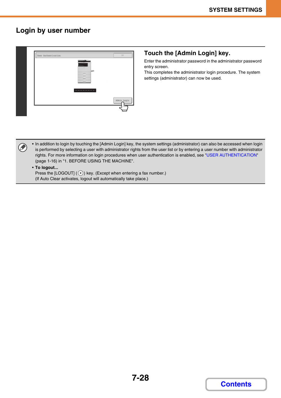 Contents login by user number, Touch the [admin login] key, System settings | Sharp MX-C401 User Manual | Page 729 / 849