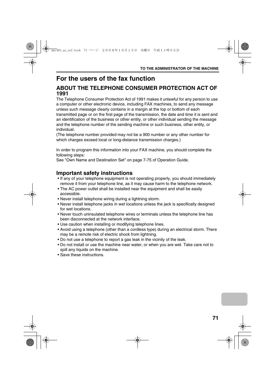 For the users of the fax function, Important safety instructions | Sharp MX-C401 User Manual | Page 74 / 849