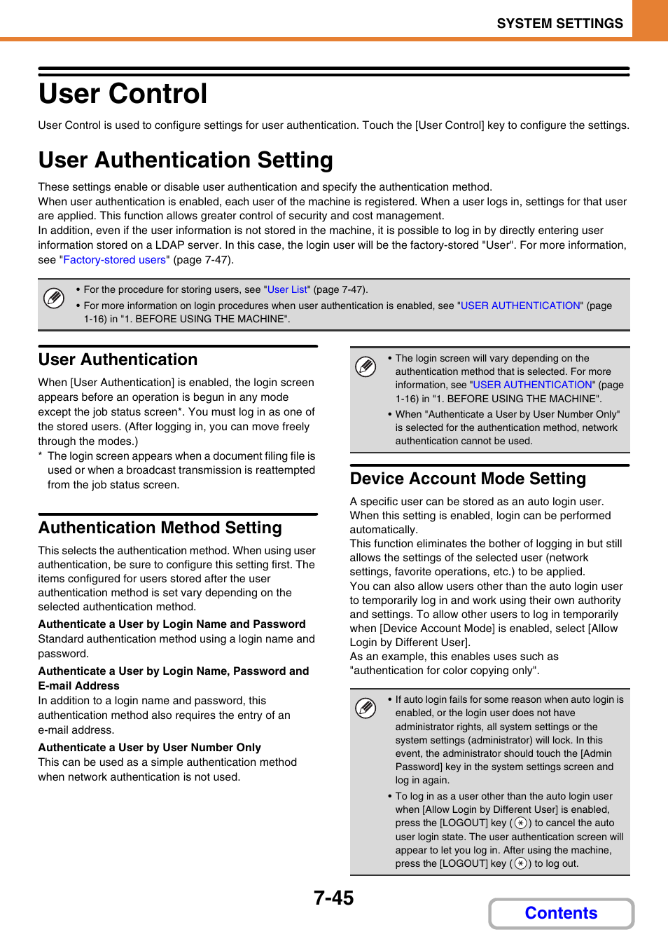 Es, see, User control, 45) in | User control -45, User authentication setting -45, User authentication setting, 45) is, When, User authentication, Authentication method setting | Sharp MX-C401 User Manual | Page 746 / 849