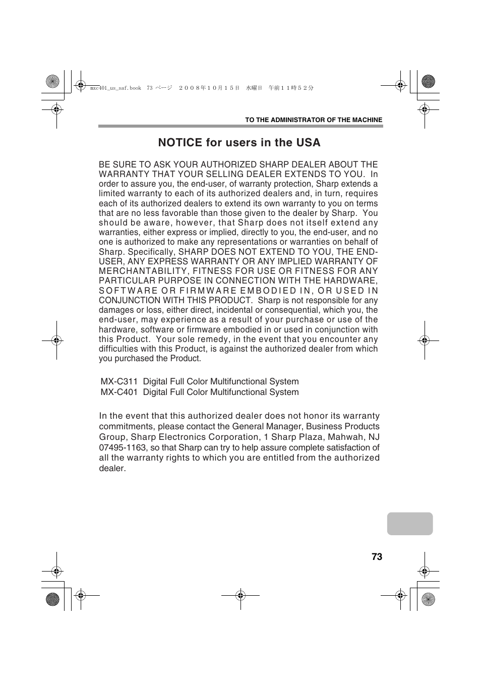 Notice for users in the usa | Sharp MX-C401 User Manual | Page 76 / 849