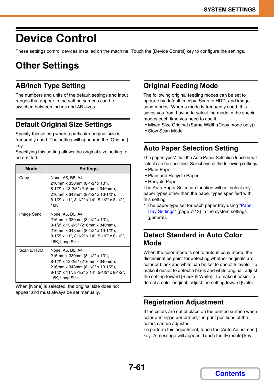 Device control -61, Other settings -61, Device control | Other settings, Ab/inch type setting, Default original size settings, Original feeding mode, Auto paper selection setting, Detect standard in auto color mode, Registration adjustment | Sharp MX-C401 User Manual | Page 762 / 849