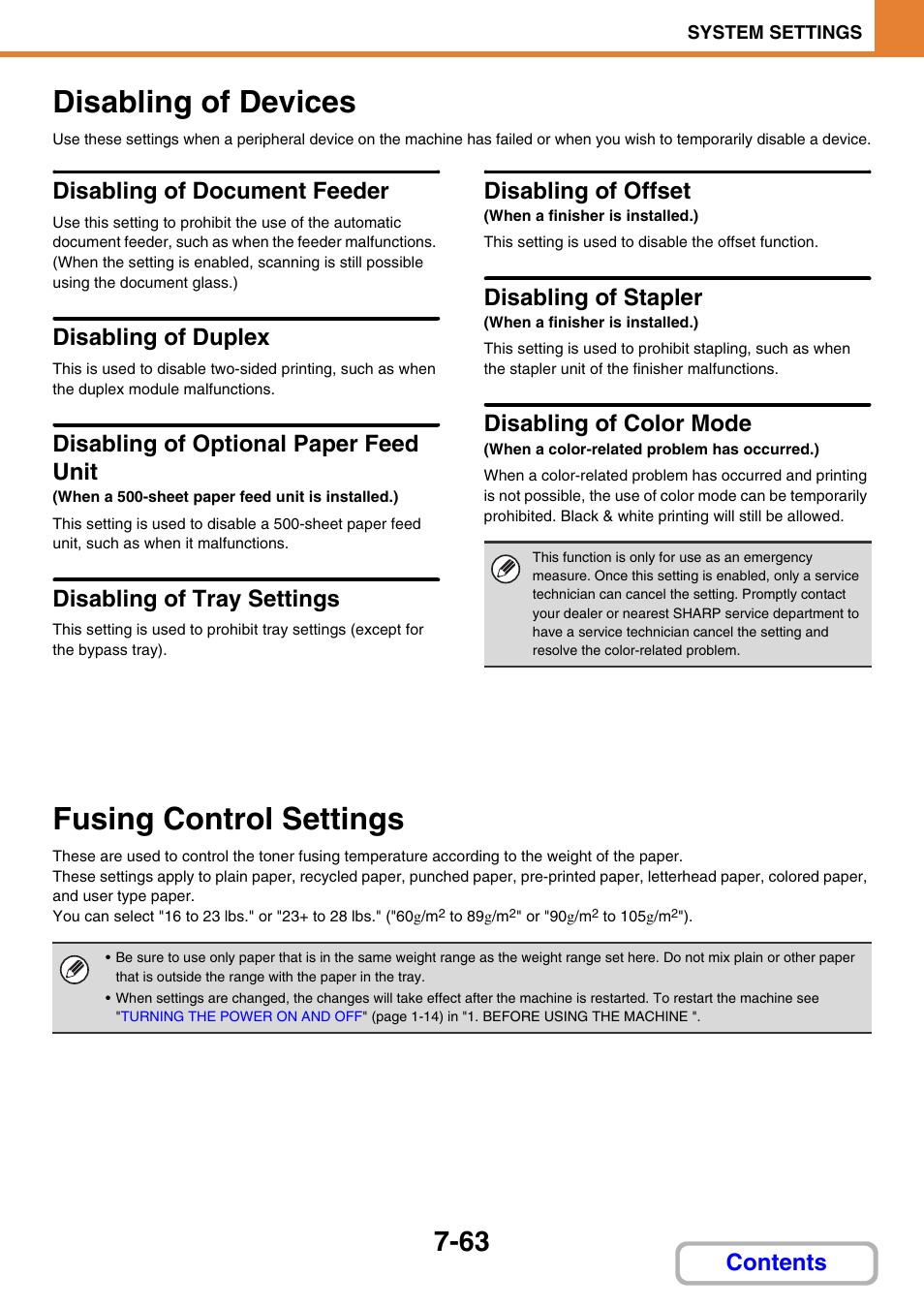 Disabling of devices -63, Fusing control settings -63, Disabling of tray settings | Disabling of devices, Disabling of document feeder, Disabling of duplex, Disabling of optional paper feed unit, Disabling of offset, Disabling of stapler, Disabling of color mode | Sharp MX-C401 User Manual | Page 764 / 849