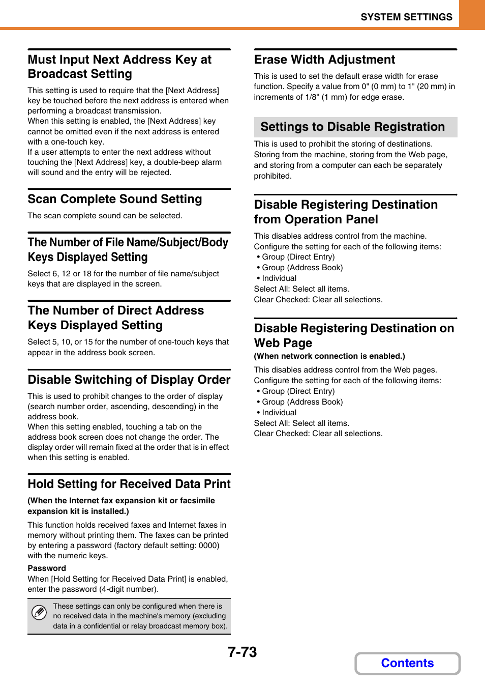 E 7-73), 73) is, Hold setting for received data print | E 7-73) is ena, Must input next address key at broadcast setting, Scan complete sound setting, Disable switching of display order, Erase width adjustment, Settings to disable registration, Disable registering destination on web page | Sharp MX-C401 User Manual | Page 774 / 849