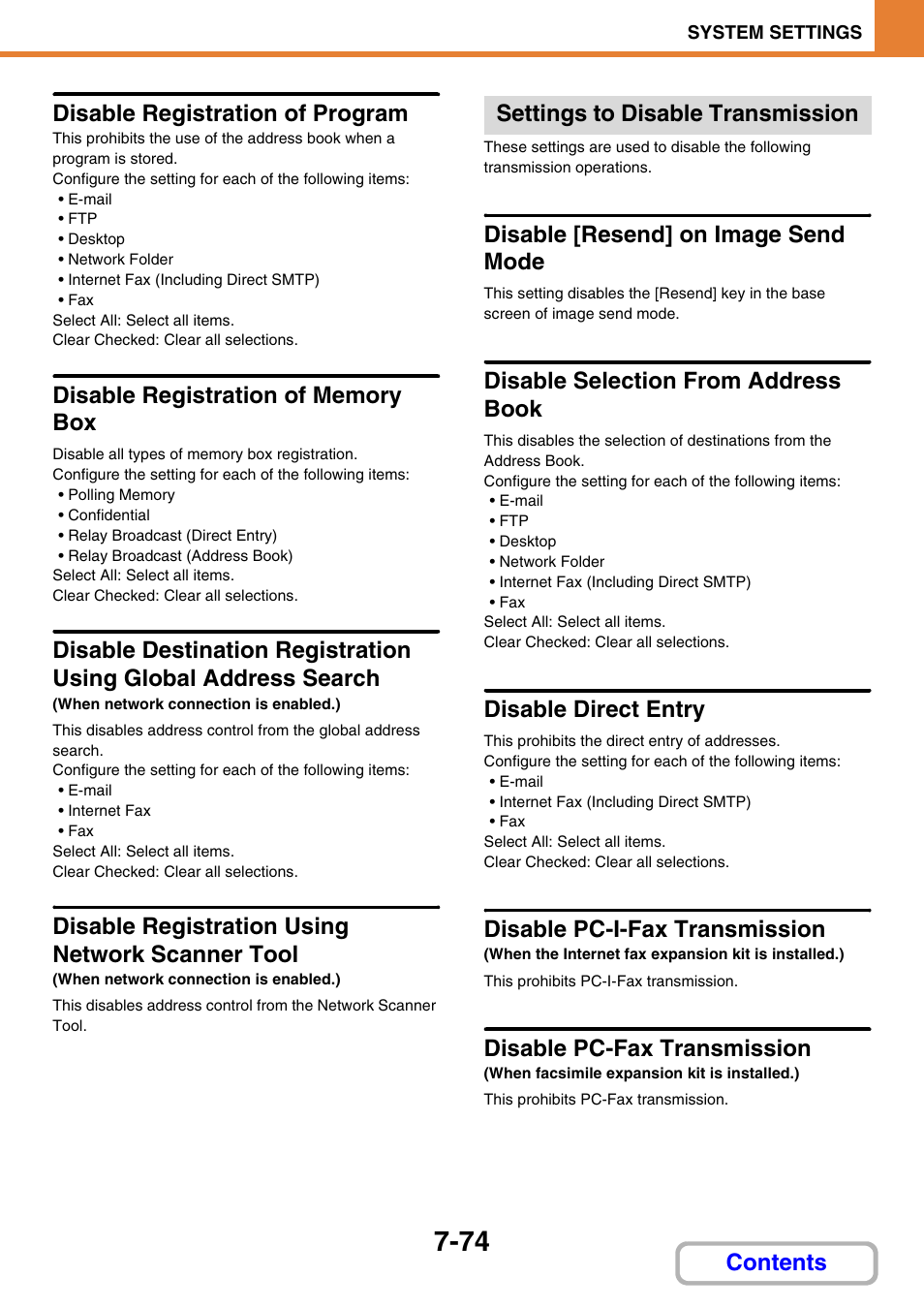 Disable registration of program, Disable registration of memory box, Disable registration using network scanner tool | Settings to disable transmission, Disable [resend] on image send mode, Disable selection from address book, Disable direct entry, Disable pc-i-fax transmission, Disable pc-fax transmission, Contents disable registration of program | Sharp MX-C401 User Manual | Page 775 / 849