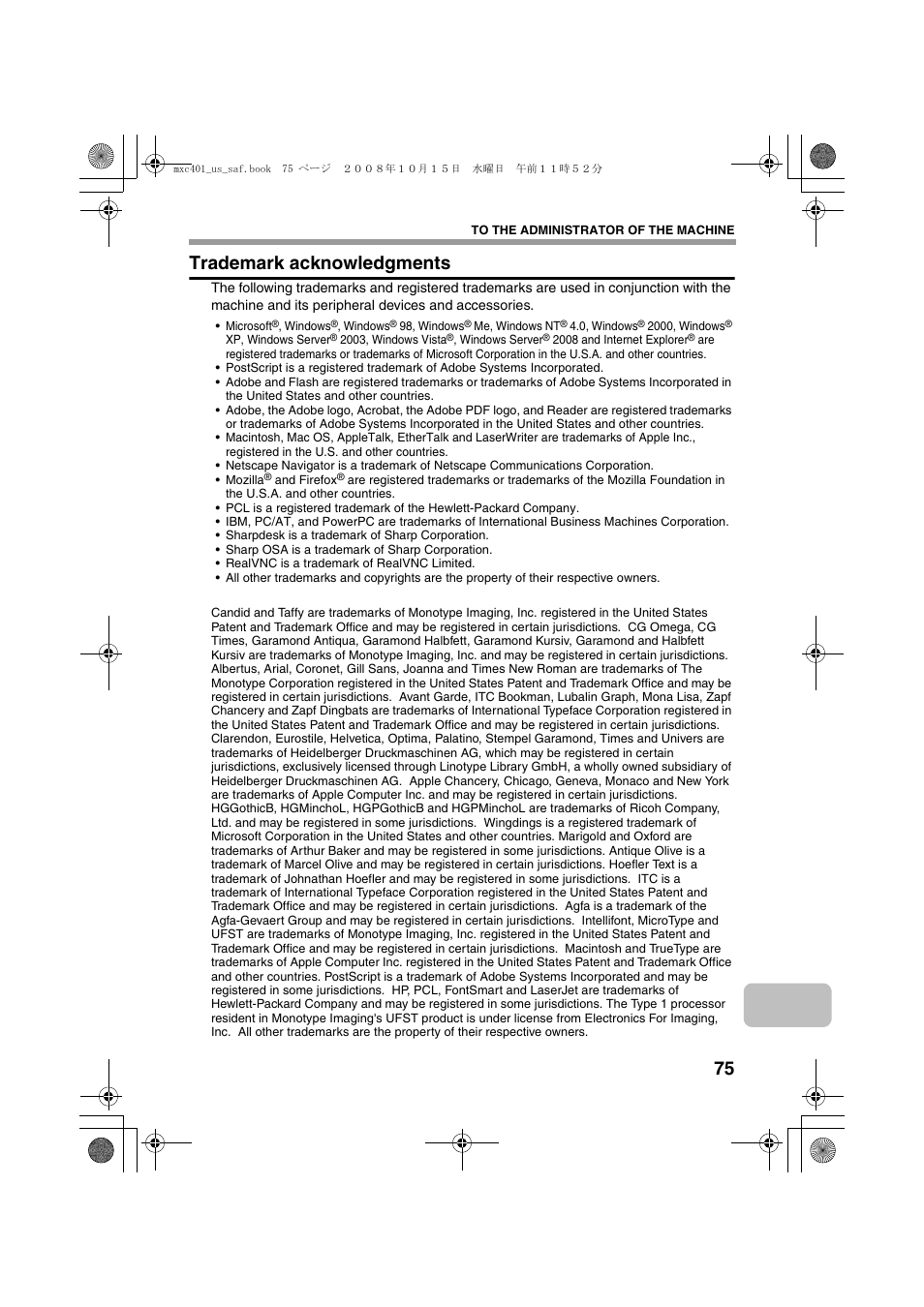 Trademark acknowledgments | Sharp MX-C401 User Manual | Page 78 / 849