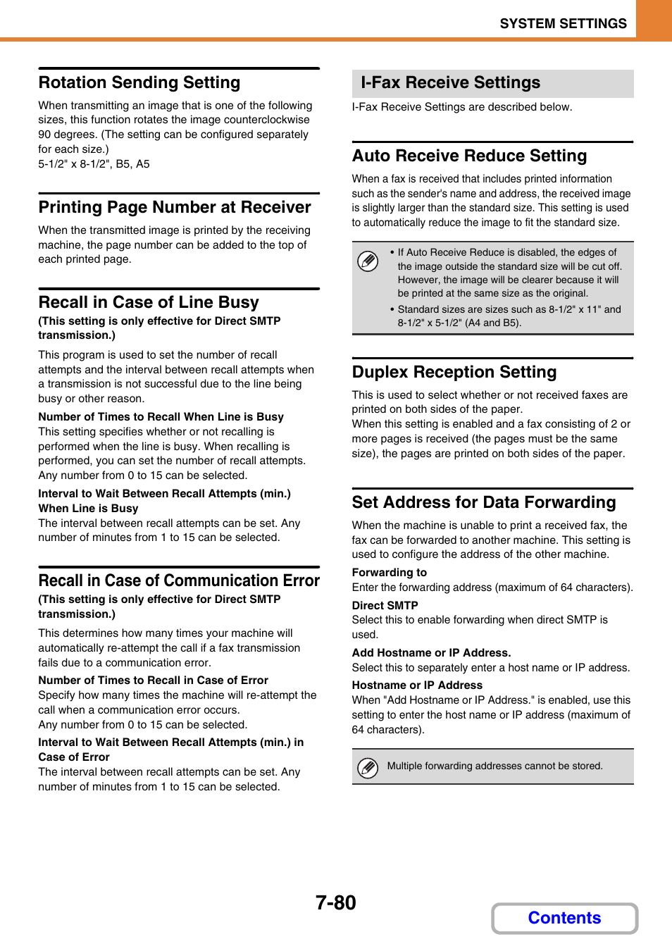 Set address for data forwarding, Age 7-80, Rotation sending setting | Recall in case of line busy, Recall in case of communication error, I-fax receive settings, Auto receive reduce setting, Duplex reception setting, Contents rotation sending setting, Printing page number at receiver | Sharp MX-C401 User Manual | Page 781 / 849