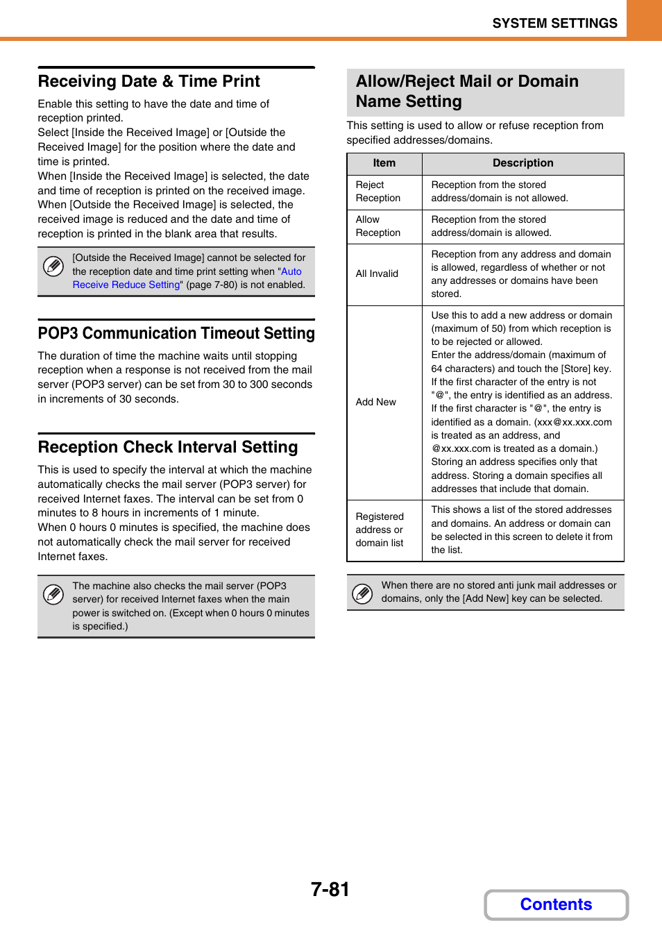 Receiving date & time print, Pop3 communication timeout setting, Reception check interval setting | Allow/reject mail or domain name setting, Contents receiving date & time print | Sharp MX-C401 User Manual | Page 782 / 849