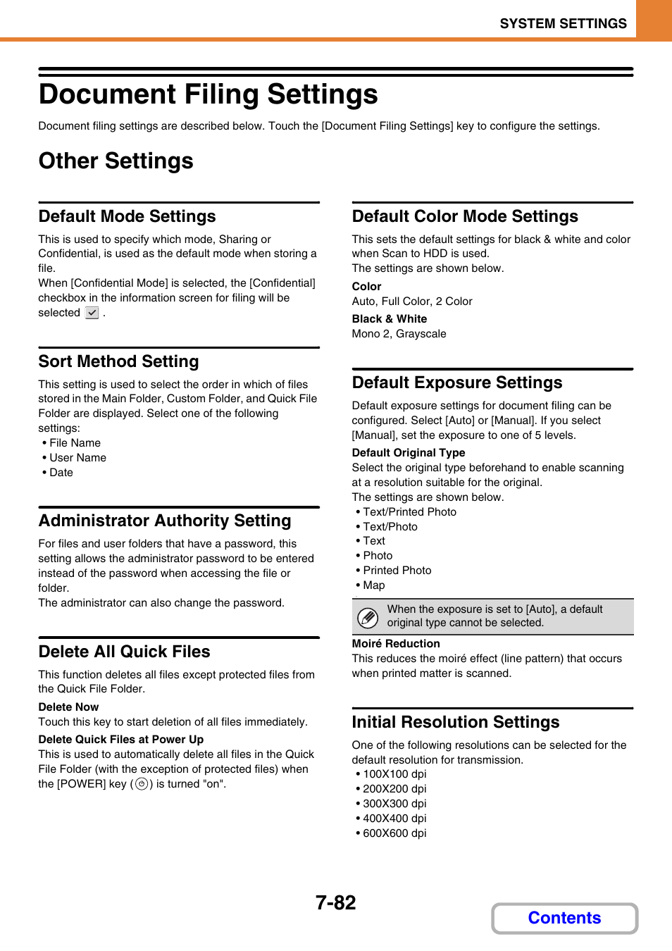 Delete all files, Document filing settings -82, Other settings -82 | Document filing settings, Other settings, Default mode settings, Sort method setting, Administrator authority setting, Delete all quick files, Default color mode settings | Sharp MX-C401 User Manual | Page 783 / 849