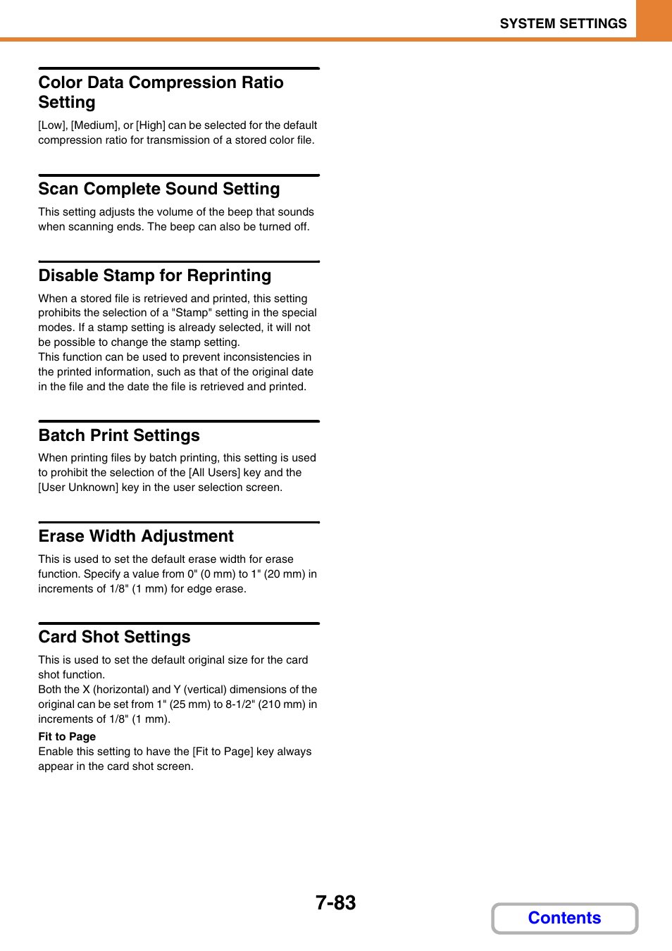 Color data compression ratio setting, Scan complete sound setting, Disable stamp for reprinting | Batch print settings, Erase width adjustment, Card shot settings, Contents color data compression ratio setting | Sharp MX-C401 User Manual | Page 784 / 849