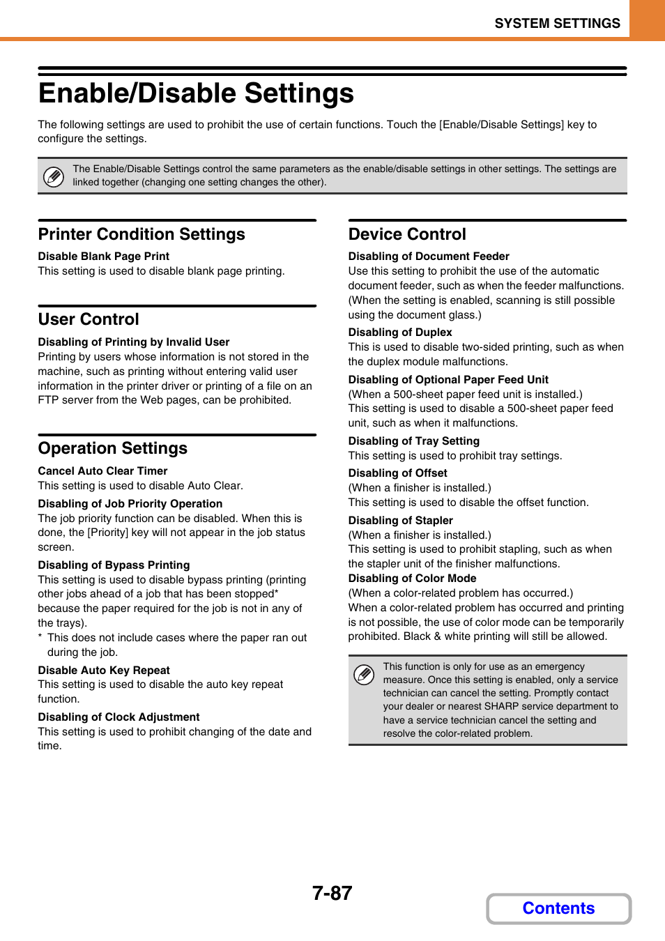 Enable/disable settings -87, Enable/disable settings, Printer condition settings | User control, Disabling of printing by invalid user, Operation settings, Cancel auto clear timer, Disabling of job priority operation, Disabling of bypass printing, Disable auto key repeat | Sharp MX-C401 User Manual | Page 788 / 849