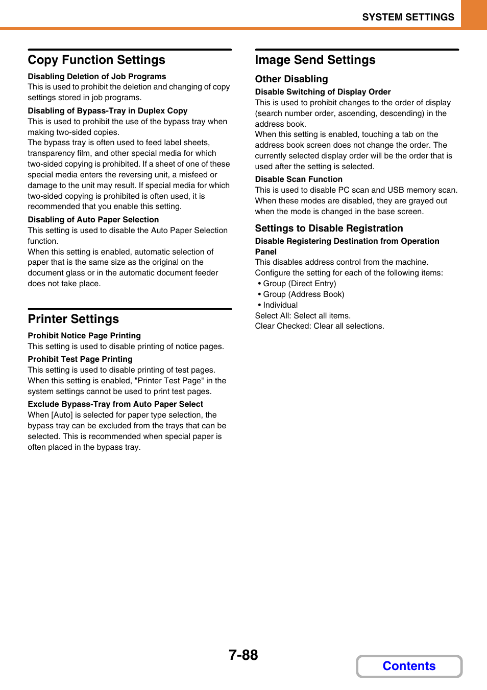 Copy function settings, Disabling deletion of job programs, Disabling of bypass-tray in duplex copy | Disabling of auto paper selection, Printer settings, Exclude bypass-tray from auto paper select, Image send settings, Other disabling, Disable switching of display order, Disable scan function | Sharp MX-C401 User Manual | Page 789 / 849