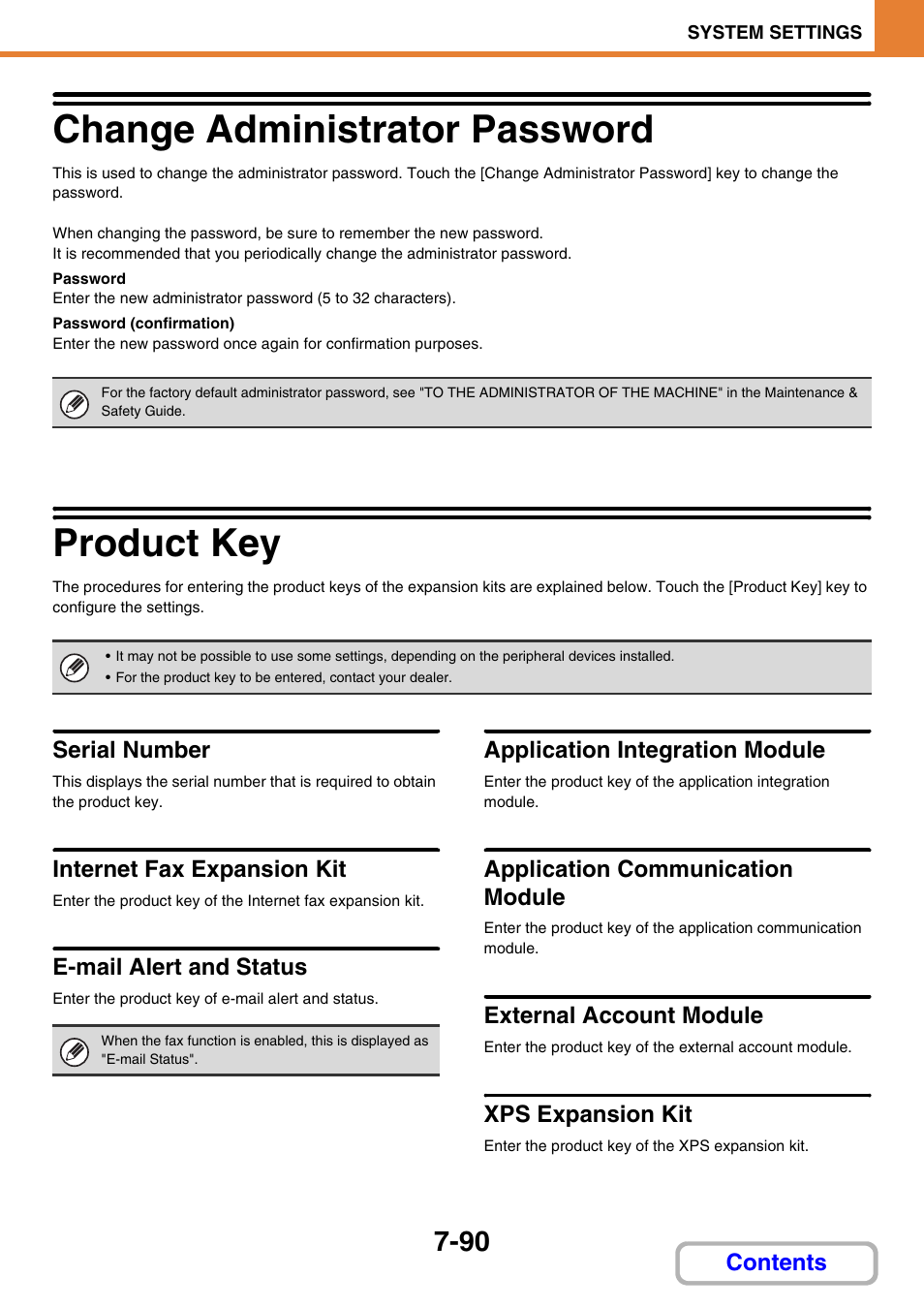 Change administrator password -90, Product key -90, Change administrator password | Product key, Serial number, Internet fax expansion kit, E-mail alert and status, Application integration module, Application communication module, External account module | Sharp MX-C401 User Manual | Page 791 / 849