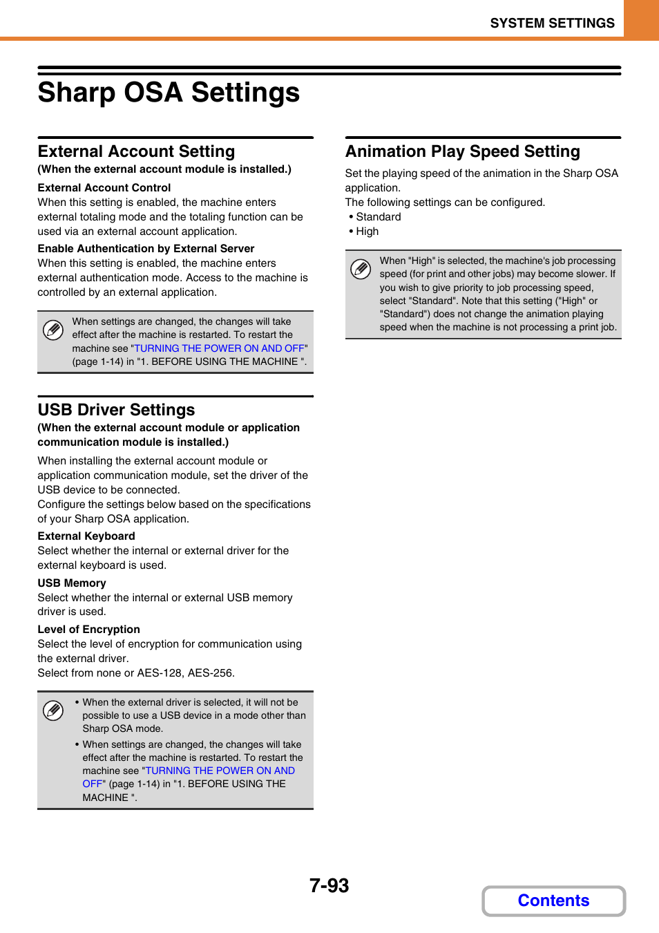 Sharp osa settings -93, Sharp osa settings, External account setting | External account control, Enable authentication by external server, Usb driver settings, External keyboard, Usb memory, Level of encryption, Animation play speed setting | Sharp MX-C401 User Manual | Page 794 / 849