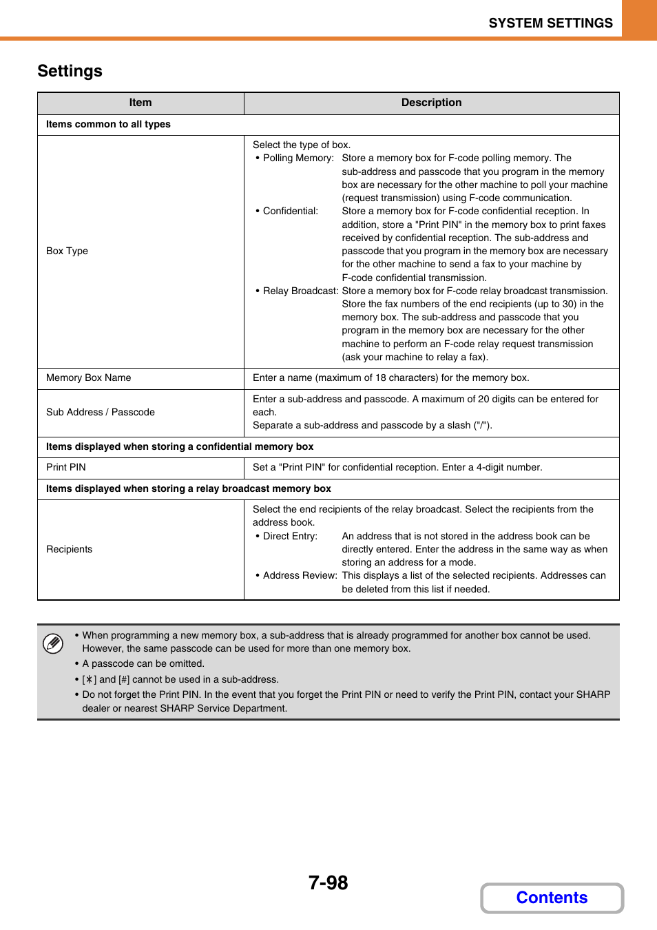 Settings, E 7-98, Contents settings | System settings | Sharp MX-C401 User Manual | Page 799 / 849