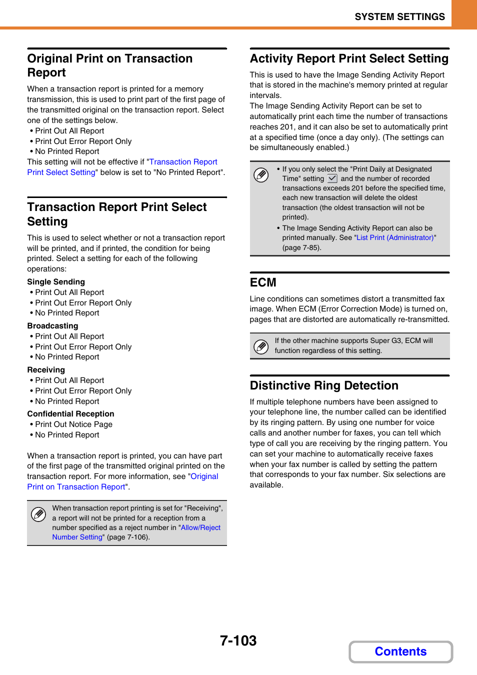 Original print on transaction report, Transaction report print select setting, Activity report print select setting | Distinctive ring detection, Contents original print on transaction report | Sharp MX-C401 User Manual | Page 804 / 849