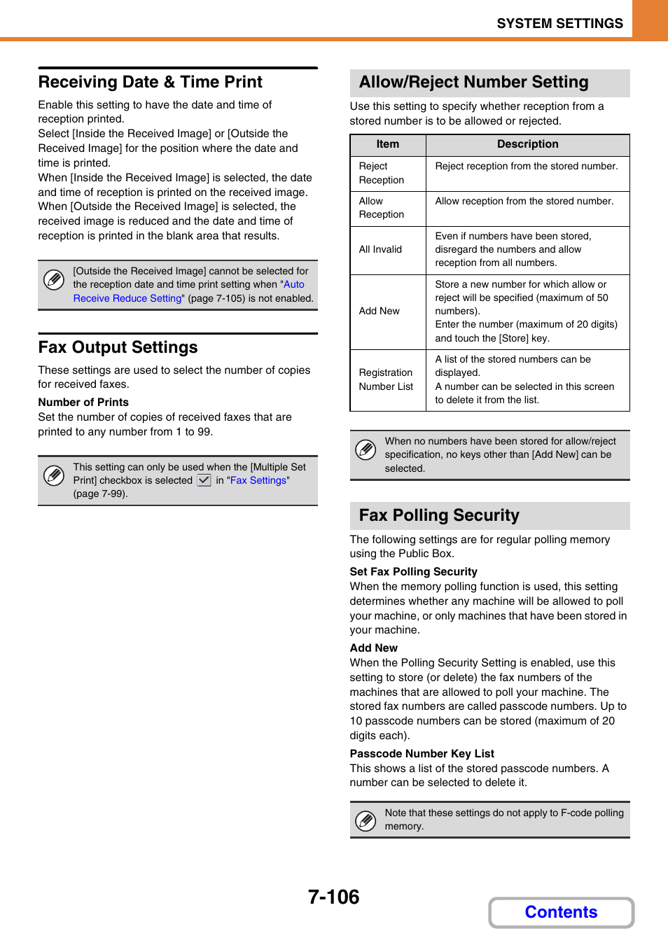 Fax output settings, E 7-106, Receiving date & time print | Allow/reject number setting, Fax polling security, Allow/reject, Number setting, Contents receiving date & time print | Sharp MX-C401 User Manual | Page 807 / 849