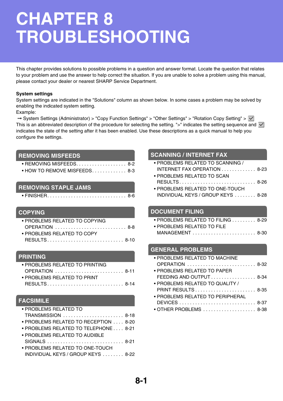 Troubleshooting, Chapter 8 troubleshooting | Sharp MX-C401 User Manual | Page 810 / 849