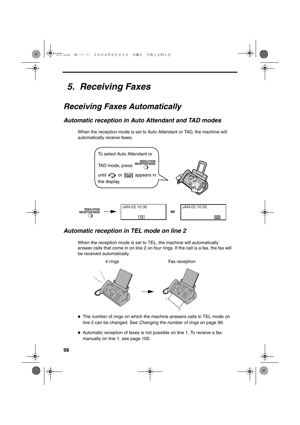 Receiving faxes, Receiving faxes automatically, Automatic reception in tel mode on line 2 | Sharp UX-CD600 User Manual | Page 100 / 156