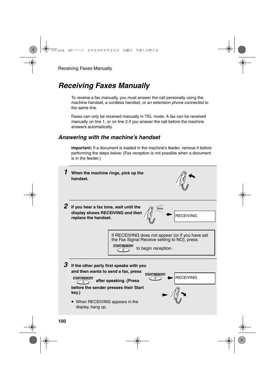 Receiving faxes manually, Answering with the machine’s handset | Sharp UX-CD600 User Manual | Page 102 / 156