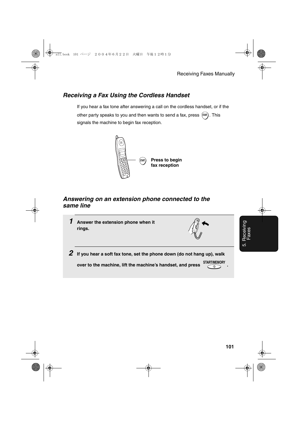 Receiving a fax using the cordless handset | Sharp UX-CD600 User Manual | Page 103 / 156