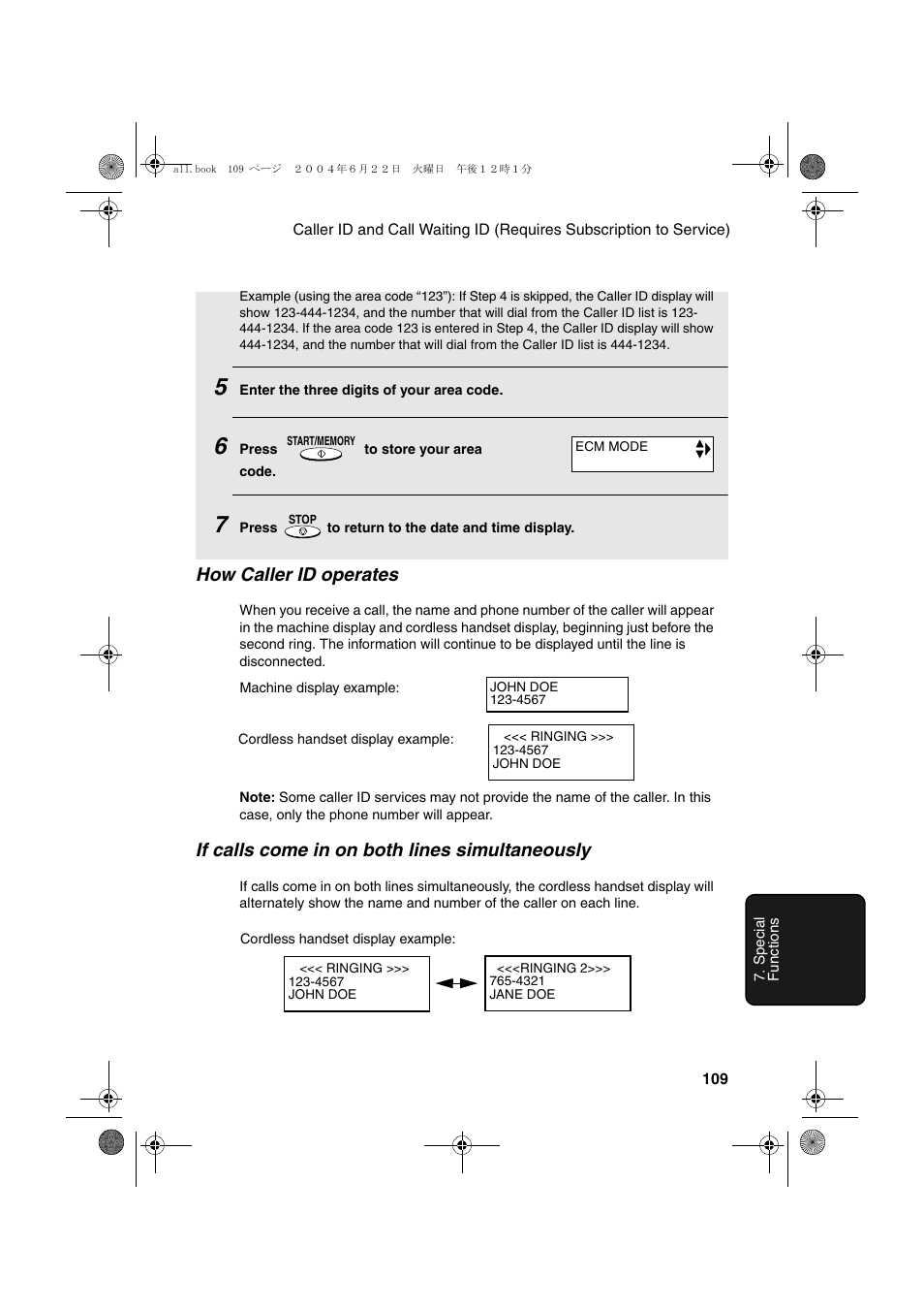 How caller id operates, If calls come in on both lines simultaneously | Sharp UX-CD600 User Manual | Page 111 / 156