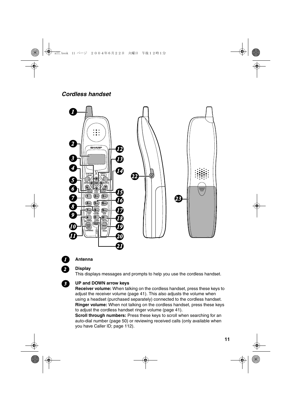 Cordless handset | Sharp UX-CD600 User Manual | Page 13 / 156