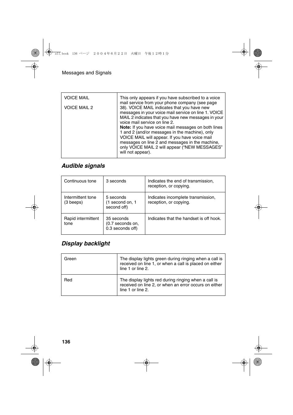 Audible signals display backlight | Sharp UX-CD600 User Manual | Page 138 / 156