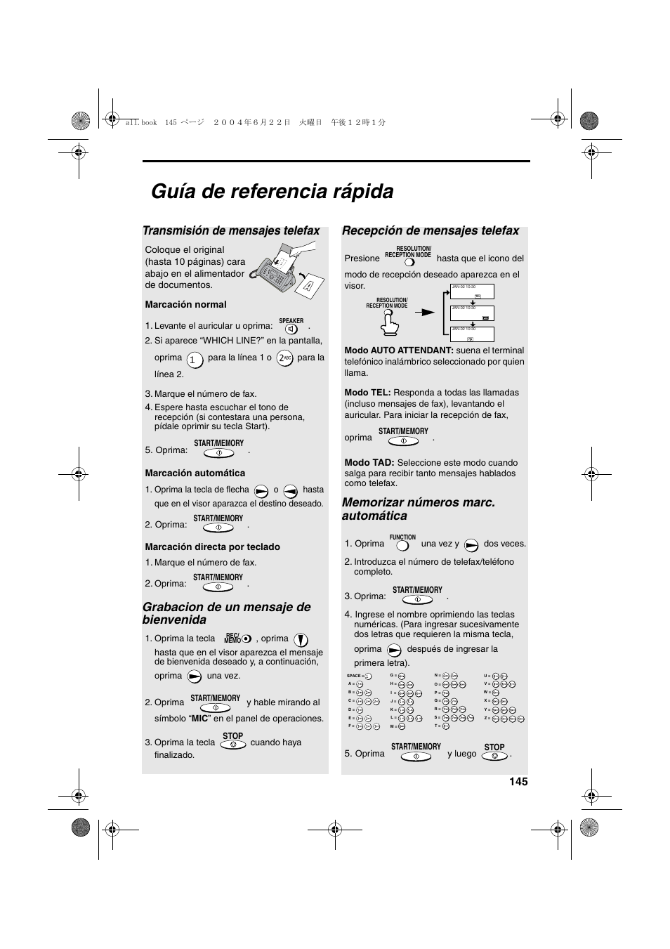 Guía de referencia rápida, Transmisión de mensajes telefax, Grabacion de un mensaje de bienvenida | Recepción de mensajes telefax | Sharp UX-CD600 User Manual | Page 147 / 156