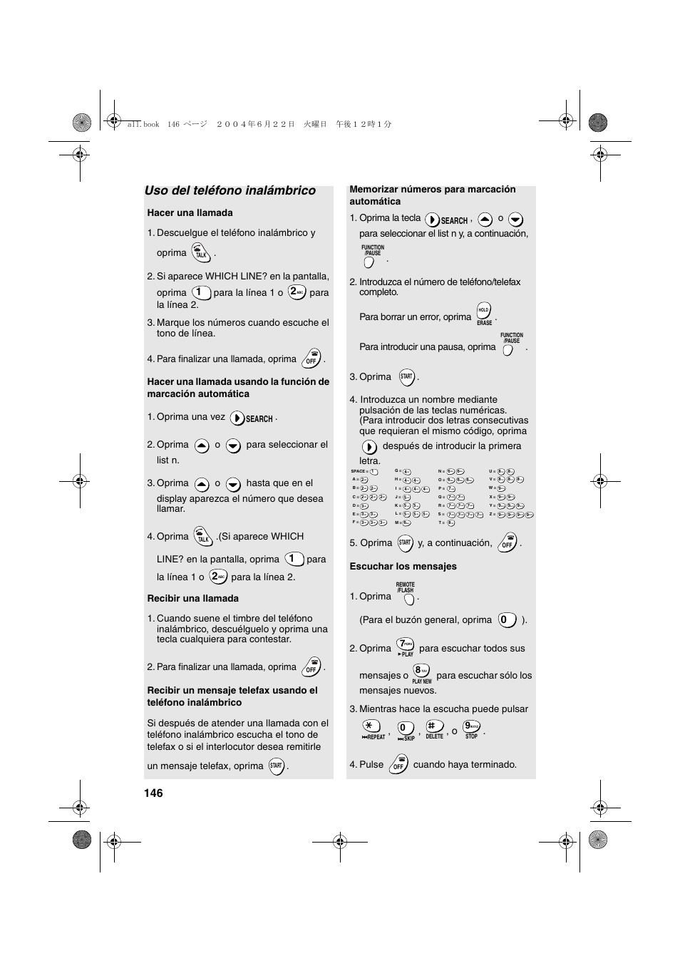 Uso del teléfono inalámbrico, Para la línea 1 o, Para la línea 2 | Pulse cuando haya terminado, Search | Sharp UX-CD600 User Manual | Page 148 / 156