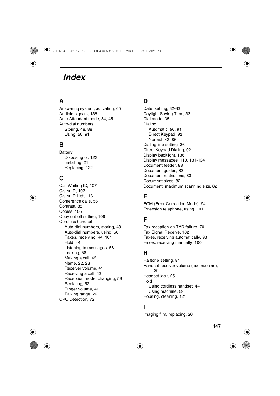 Index | Sharp UX-CD600 User Manual | Page 149 / 156