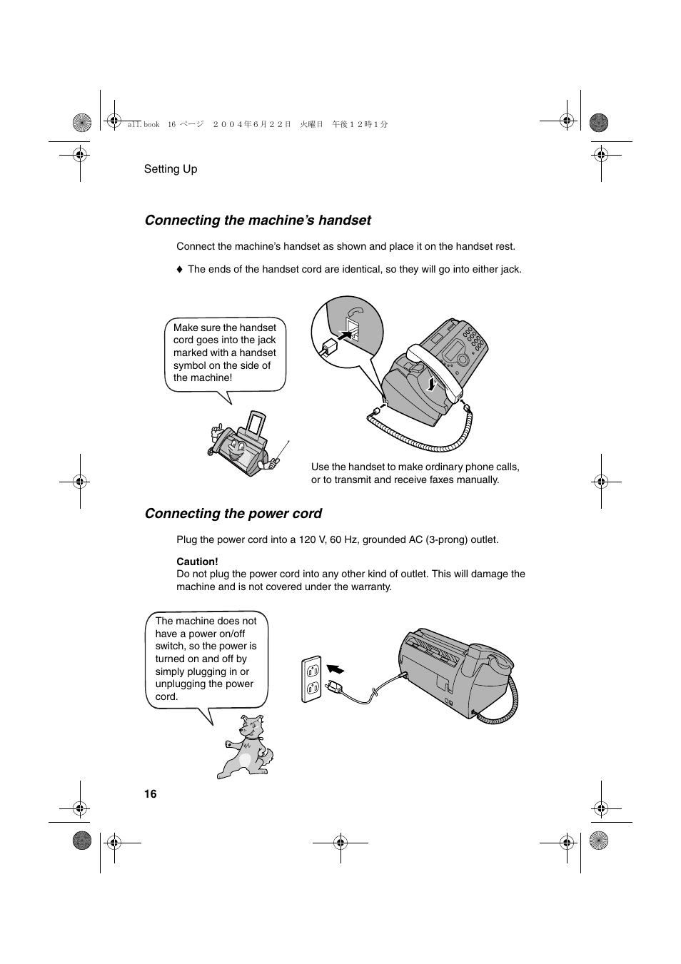 Connecting the power cord, Connecting the machine’s handset | Sharp UX-CD600 User Manual | Page 18 / 156