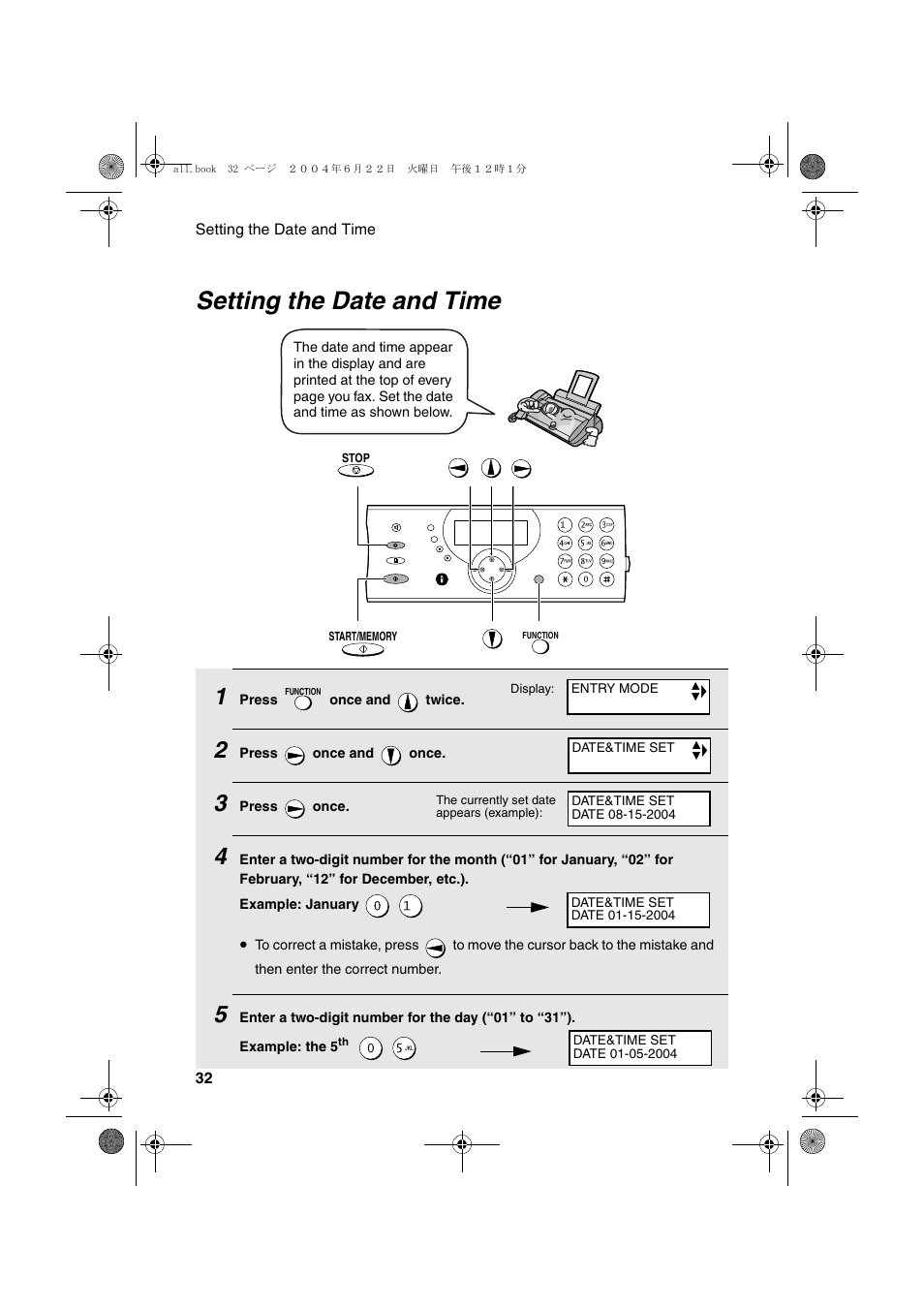 Setting the date and time | Sharp UX-CD600 User Manual | Page 34 / 156