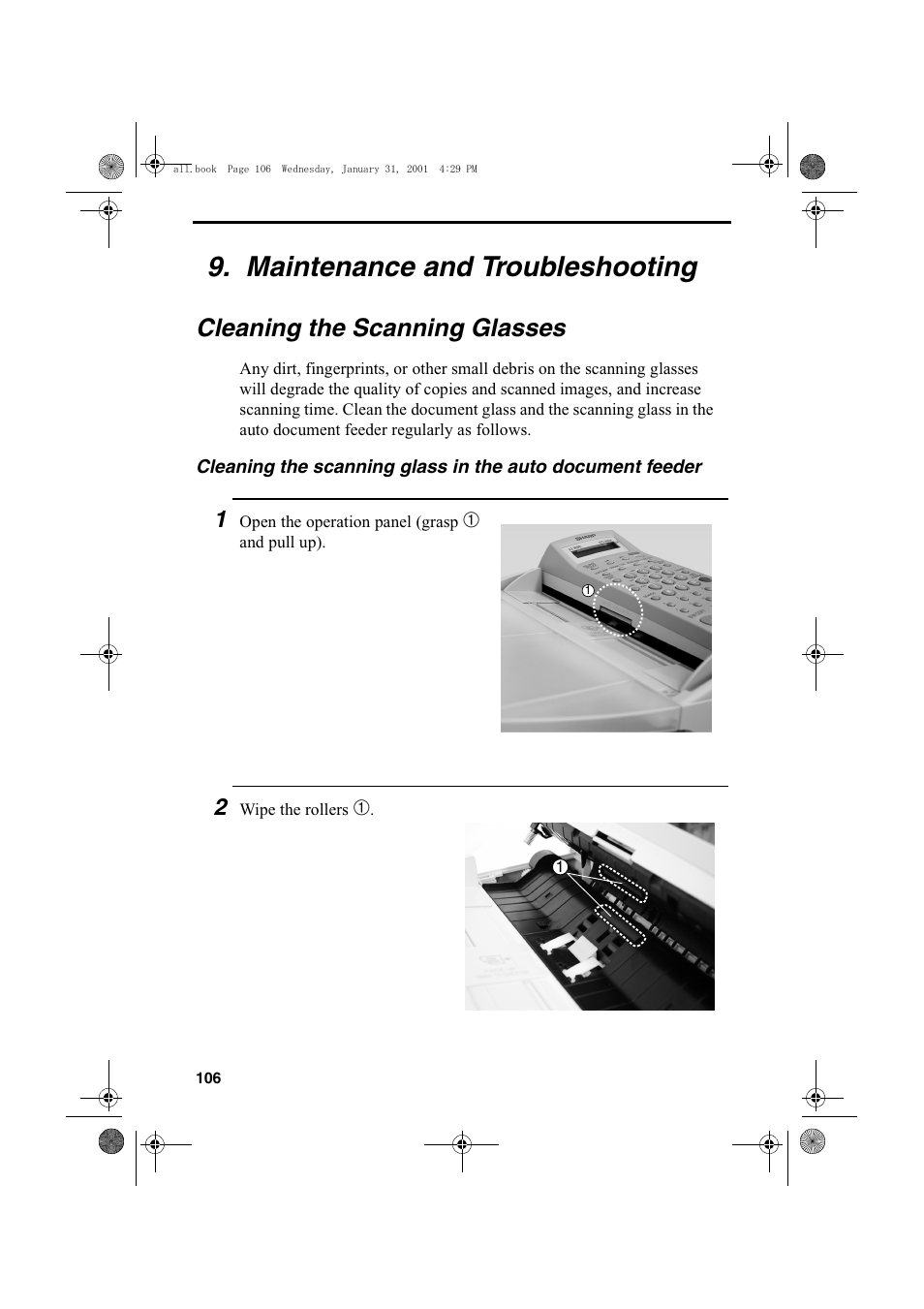 Maintenance and troubleshooting, Cleaning the scanning glasses | Sharp COLORINKJET AJ-5030 User Manual | Page 108 / 140