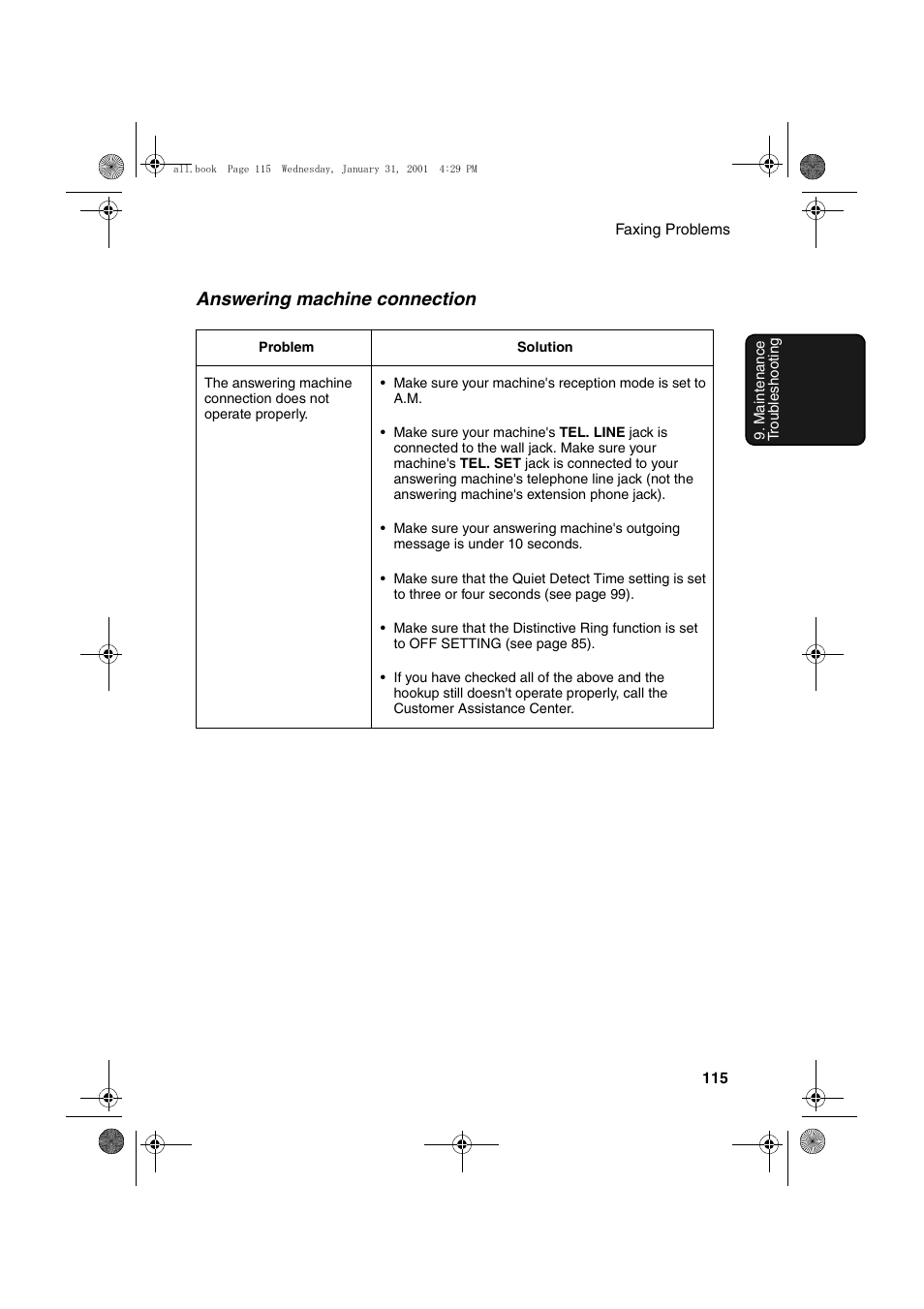 Answering machine connection | Sharp COLORINKJET AJ-5030 User Manual | Page 117 / 140