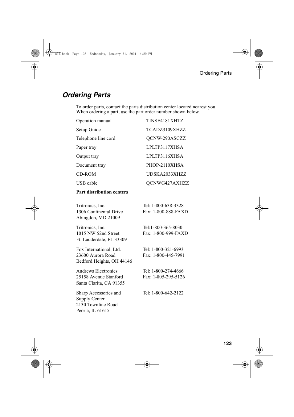 Ordering parts | Sharp COLORINKJET AJ-5030 User Manual | Page 125 / 140