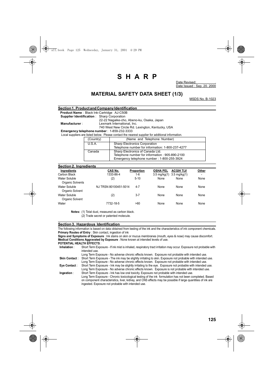 Material safety data sheet (1/3) | Sharp COLORINKJET AJ-5030 User Manual | Page 127 / 140